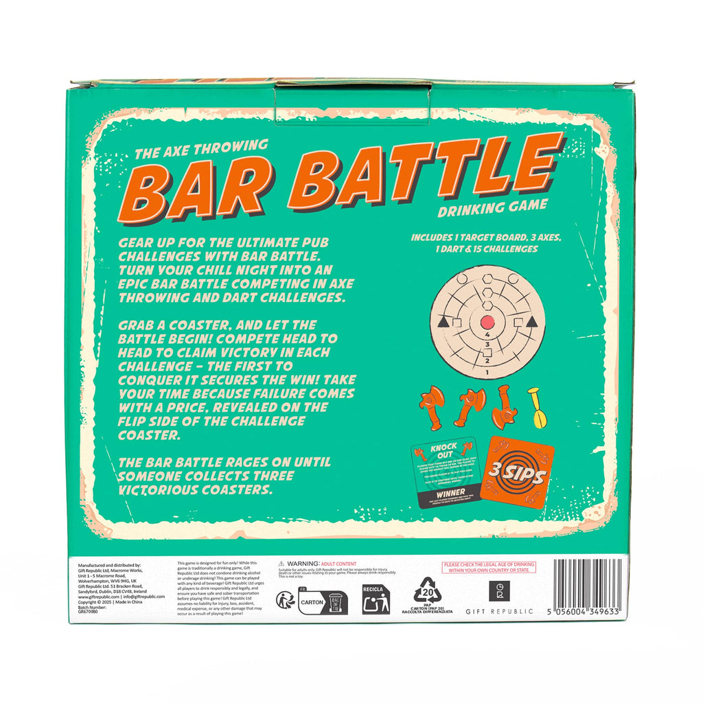 Gift Republic Bar Battle Axe Throwing Drinking Game in box packaging, back view.