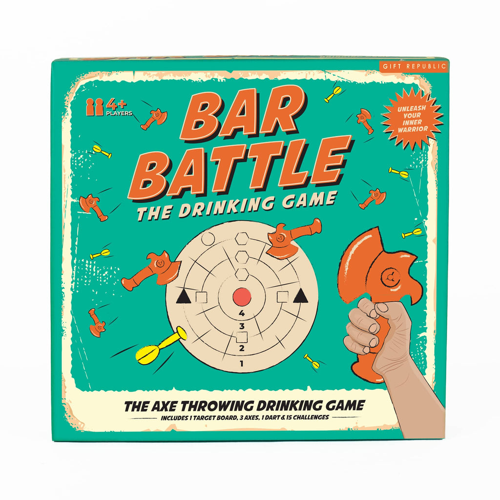 Gift Republic Bar Battle Axe Throwing Drinking Game in box packaging, front view.