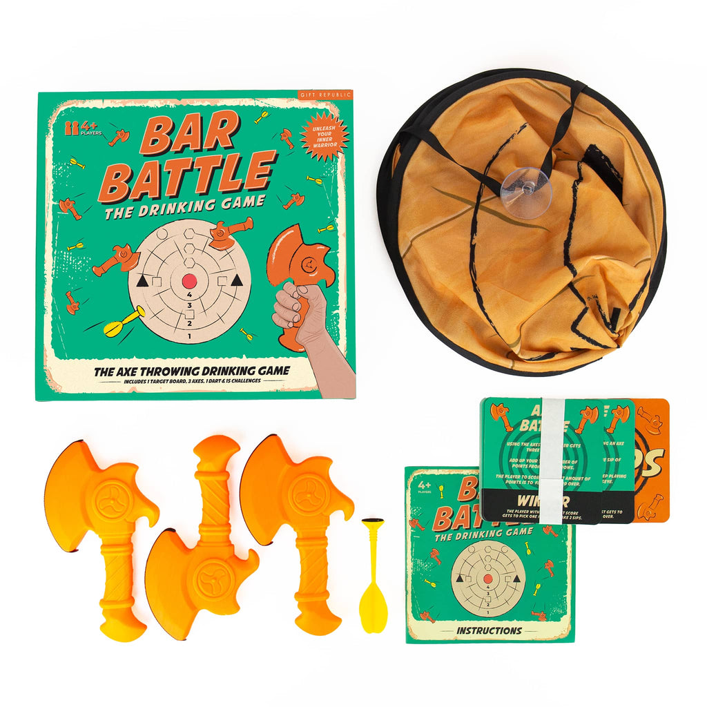 Gift Republic Bar Battle Axe Throwing Drinking Game, box with contents.