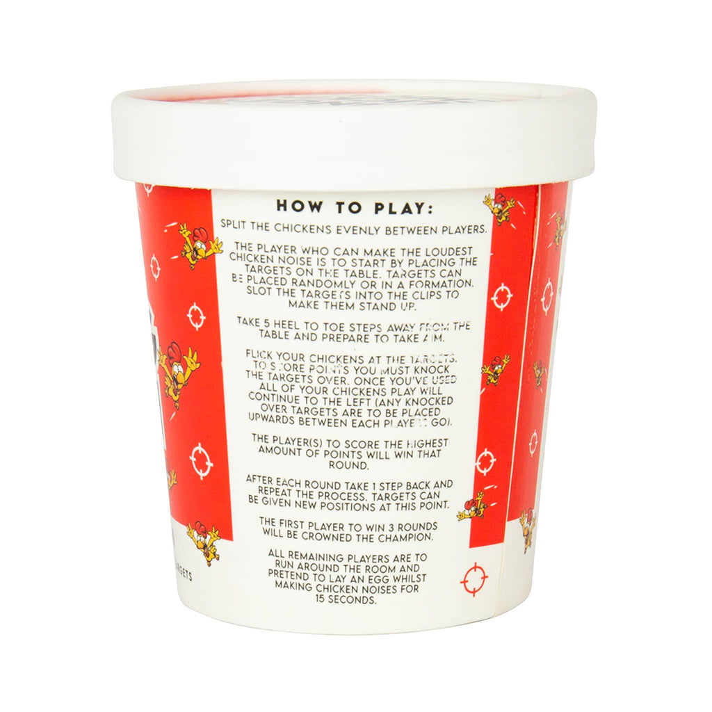 Gift Republic Finger Flicking Chicken game in red and white bucket packaging, instructions on side.