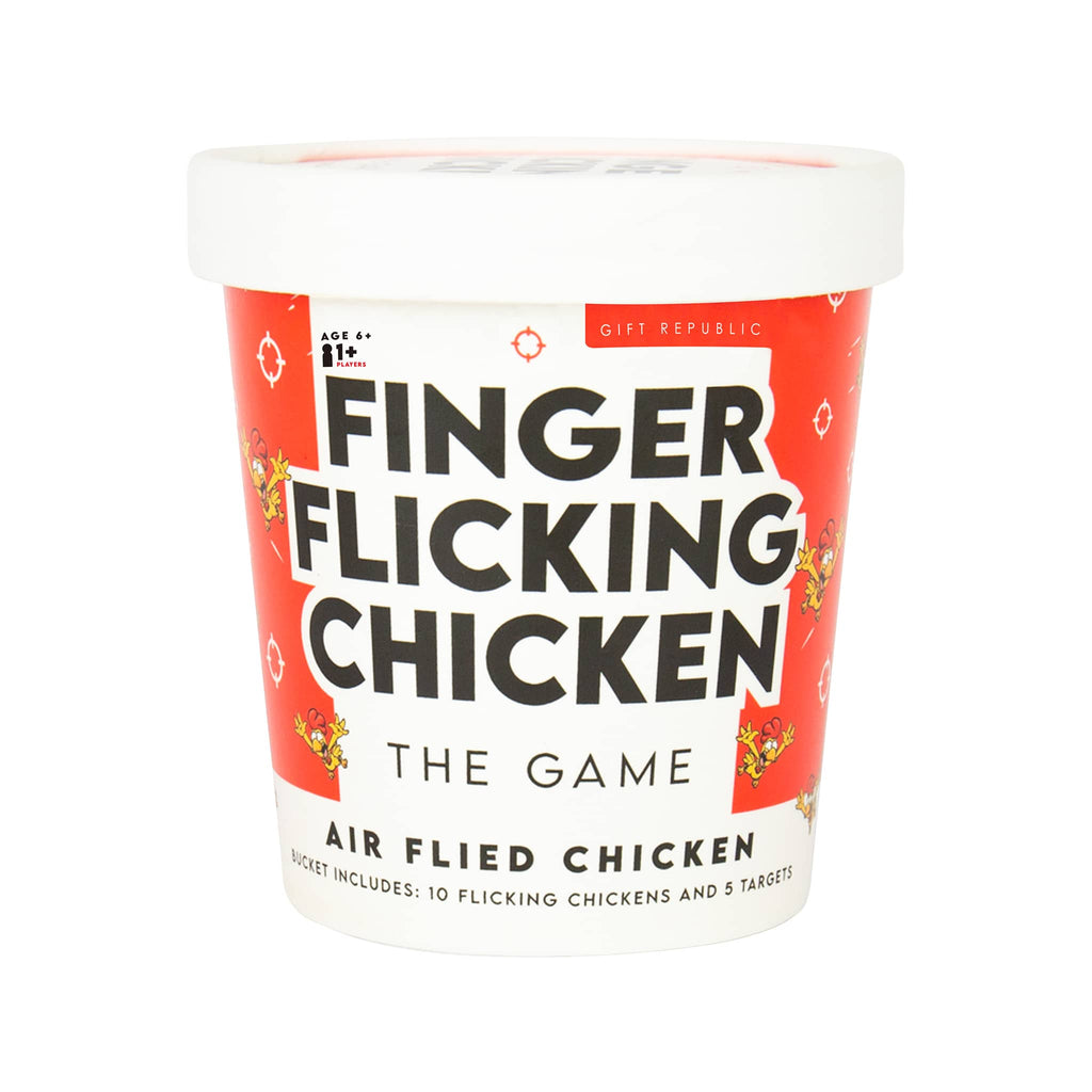 Gift Republic Finger Flicking Chicken game in red and white bucket packaging.