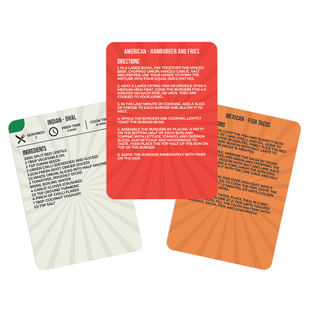 Gift Republic 100 Takeaway Recipes, recipe cards to replicate your favorite takeaway dishes, sample cards with recipes for Indian Dhal, American Hamburger and Fries and Mexican Fish Tacos on white, red and orange cards.