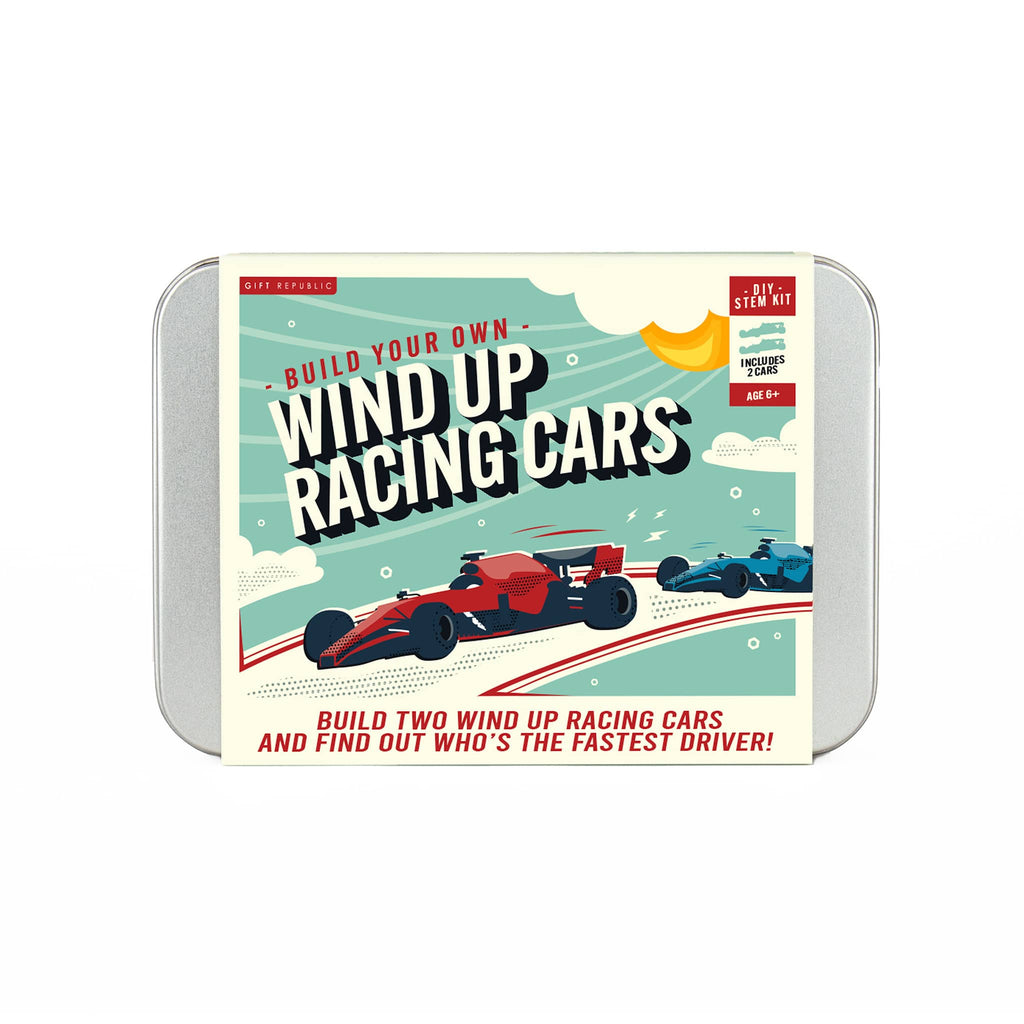 Gift Republic Build Your Own Wind Up Racing Cars DIY Stem Kit in tin packaging, front view.