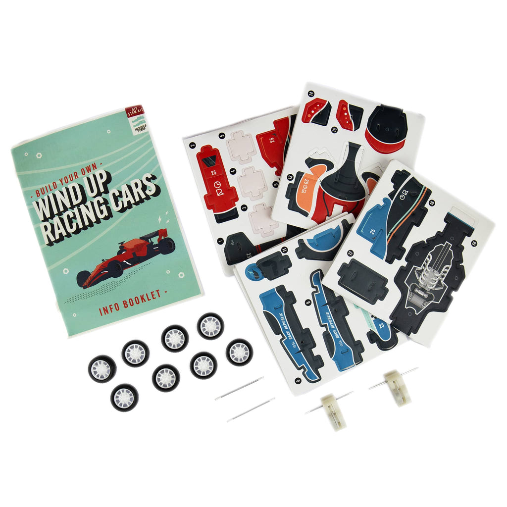 Gift Republic Build Your Own Wind Up Racing Cars DIY Stem Kit, contents.