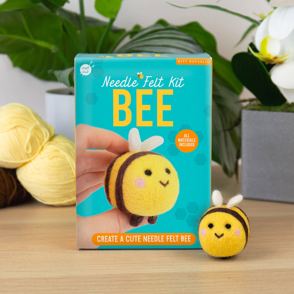 Gift Republic Bee Needle Felt Kit in box packaging, front view with finished bee and flowers in the background.