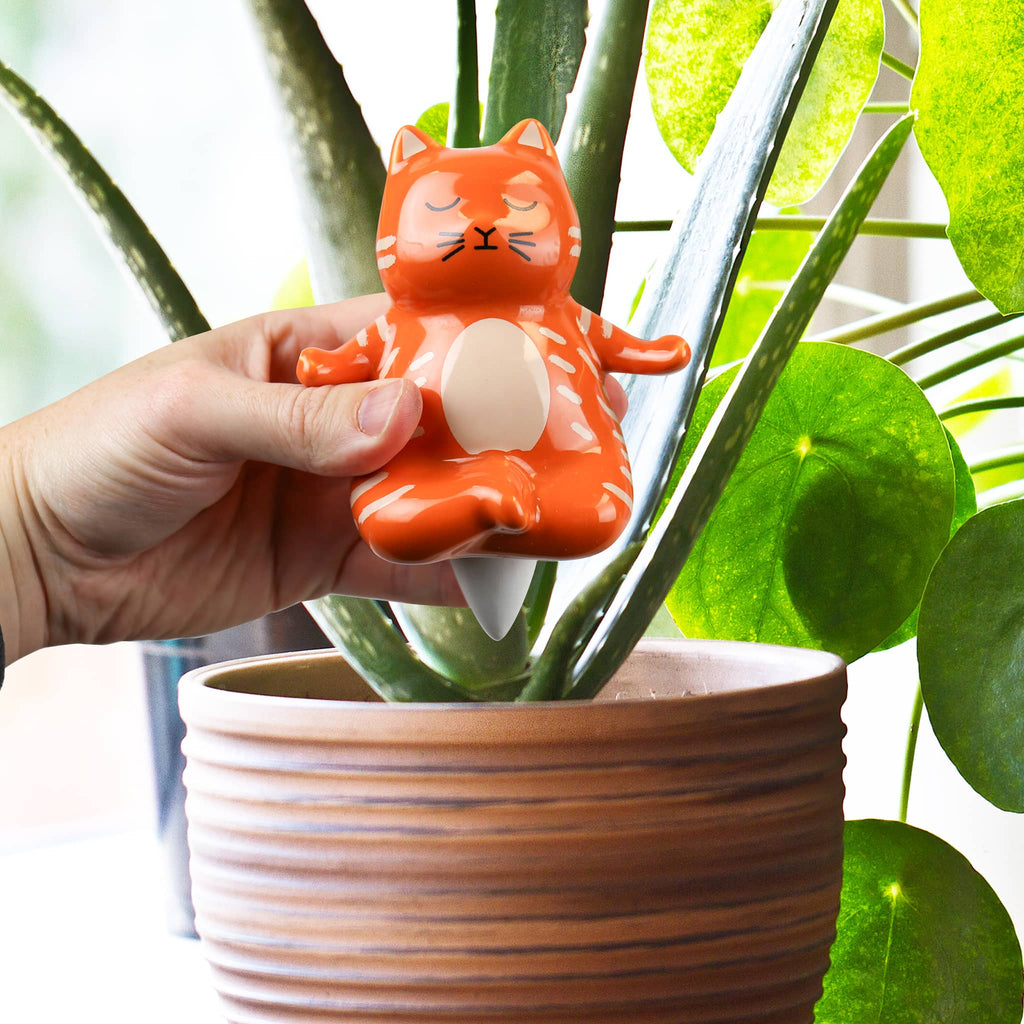 Gift Republic Self-Watering Yoga Cat Water Dispenser being placed in a potted plant.