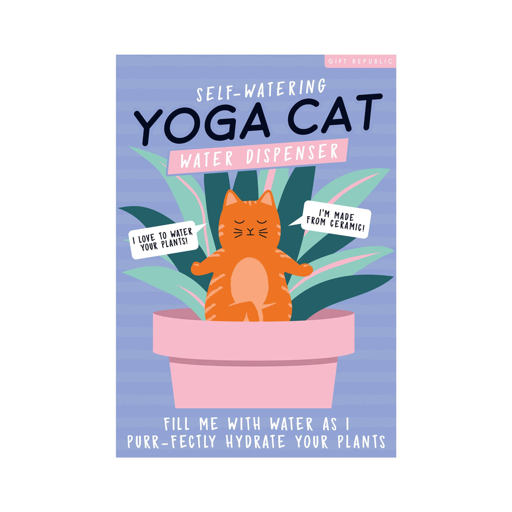 Gift Republic Self-Watering Yoga Cat Water Dispenser in box packaging, front view.