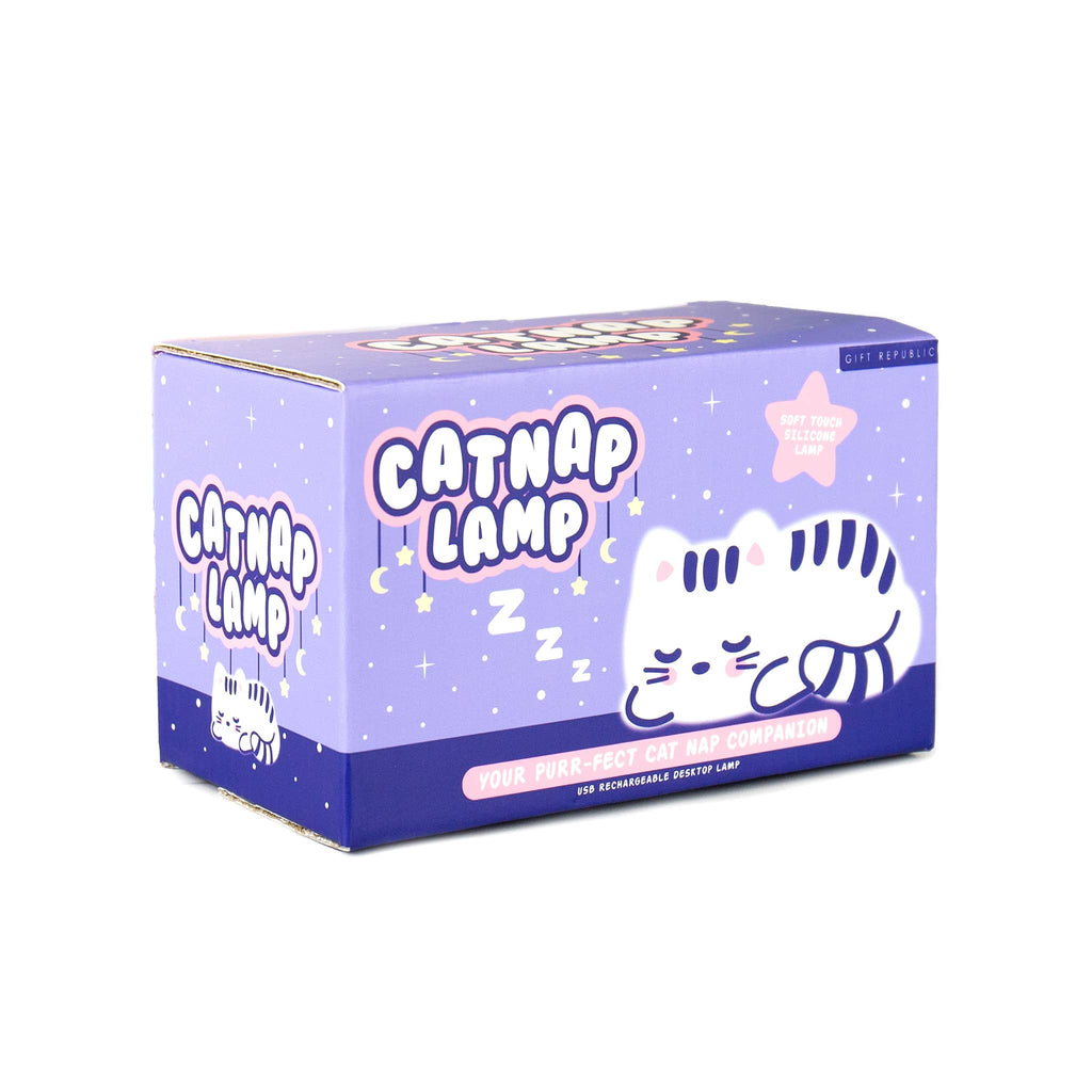 Gift Republic Cat Nap soft touch silicone lamp in box packaging, front angle view.