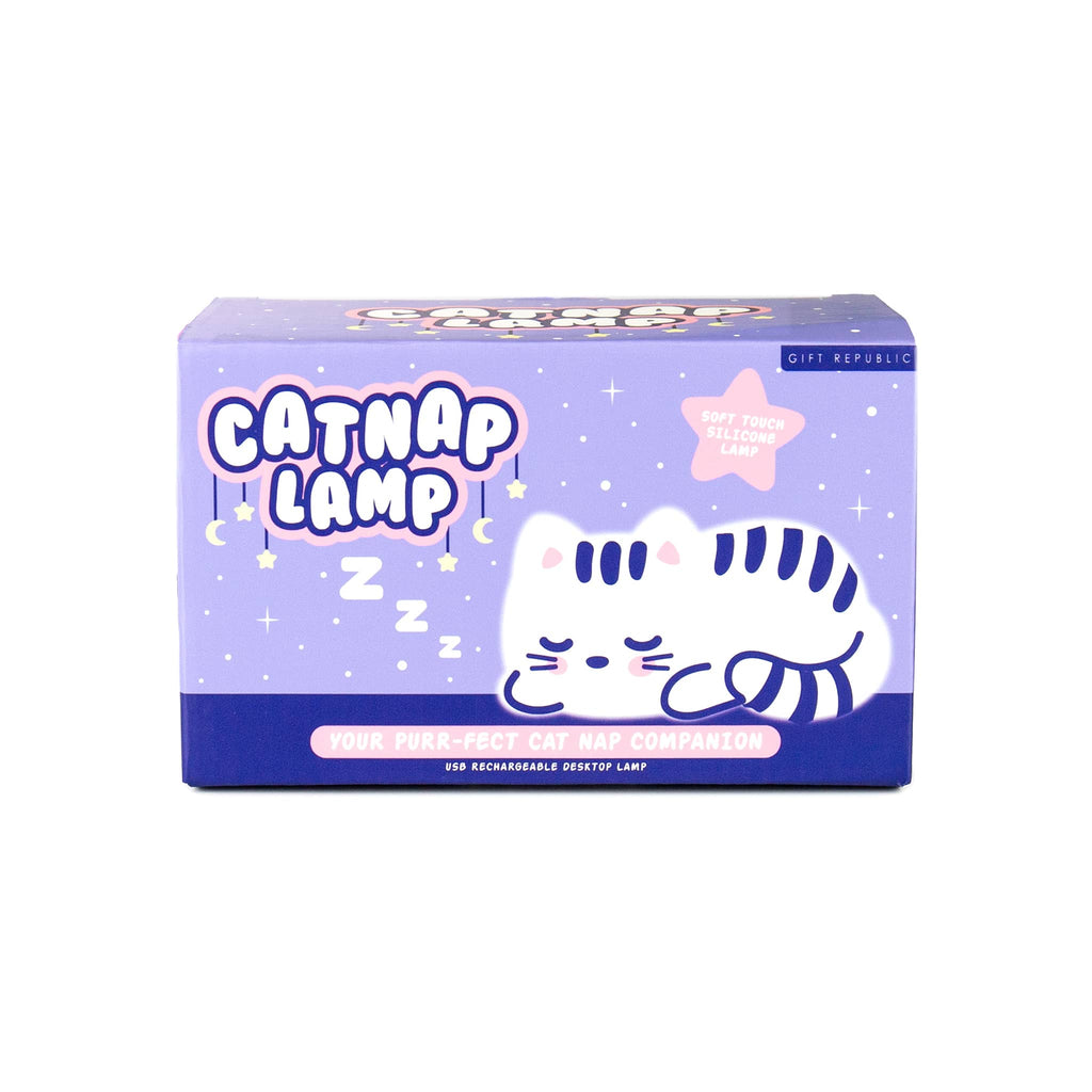 Gift Republic Cat Nap soft touch silicone lamp in box packaging, front view.