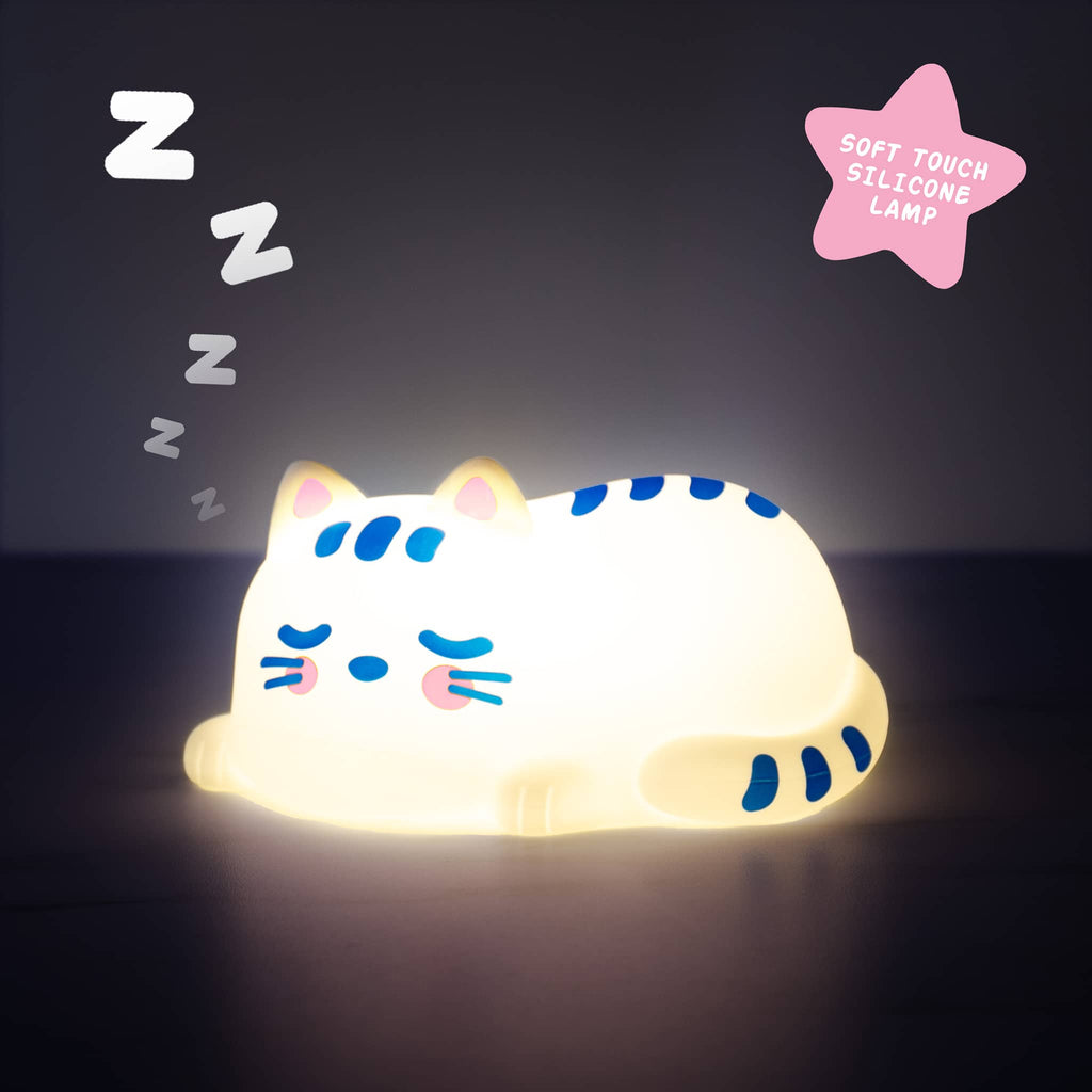 Gift Republic Cat Nap soft touch silicone lamp, front view, lit up.