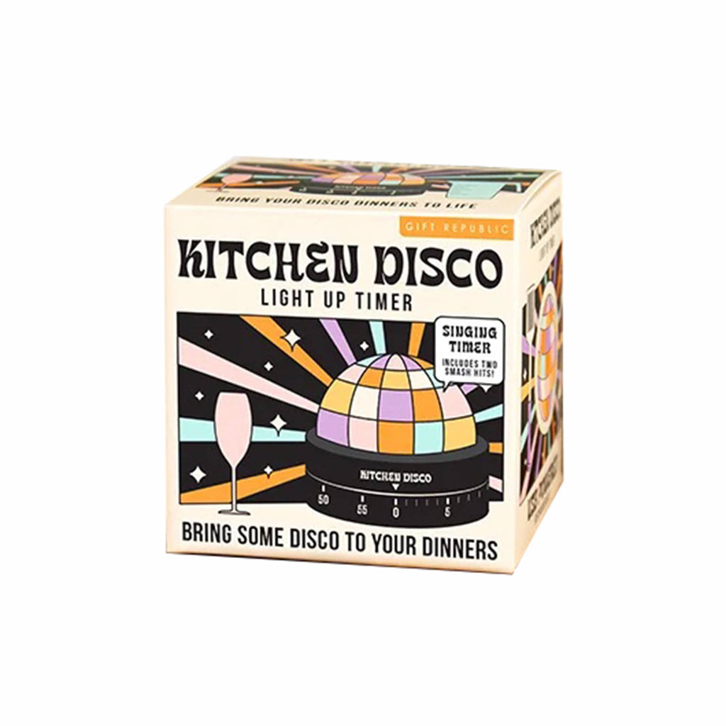 Gift Republic Kitchen Disco Light Up Timer in box packaging, front view.