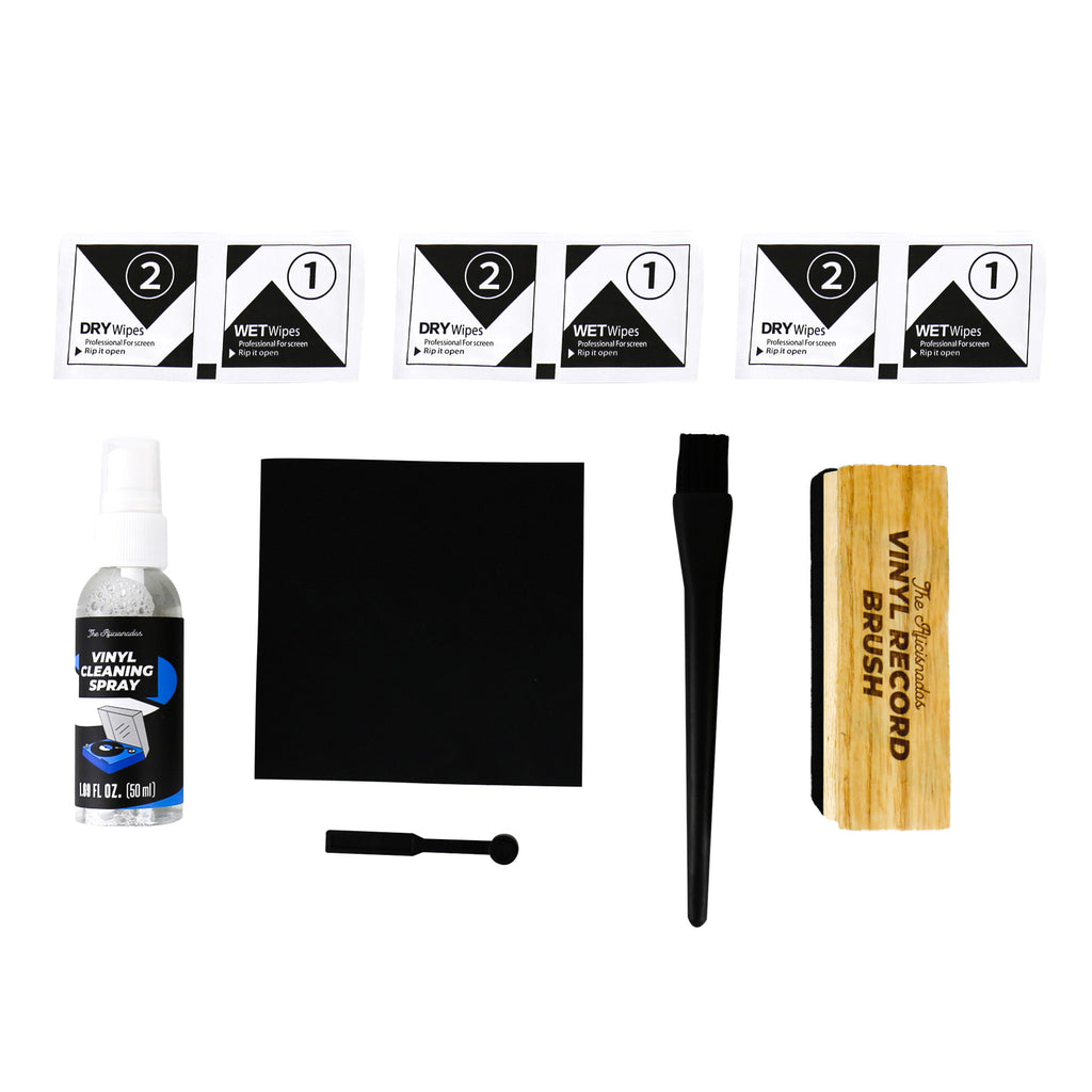 Gift Republic Vinyl Care Kit, contents spread out on a white background. Contents include a velvet record brush, stylus cleaning brush, microfiber cloth, bristle brush, cleaning spray and 3 sets of dry and wet wipes.