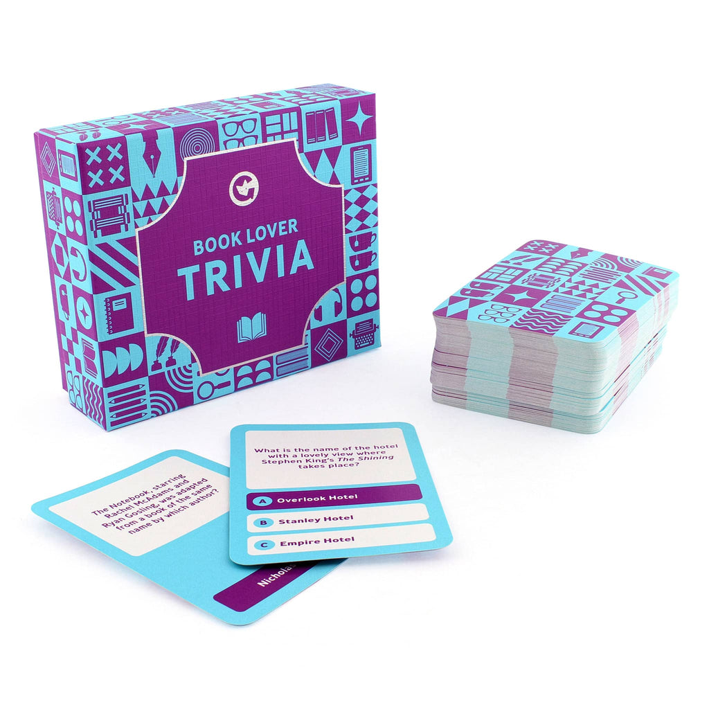 Ginger Fox Book Lover Trivia in blue and purple illustrated game box with sample cards.