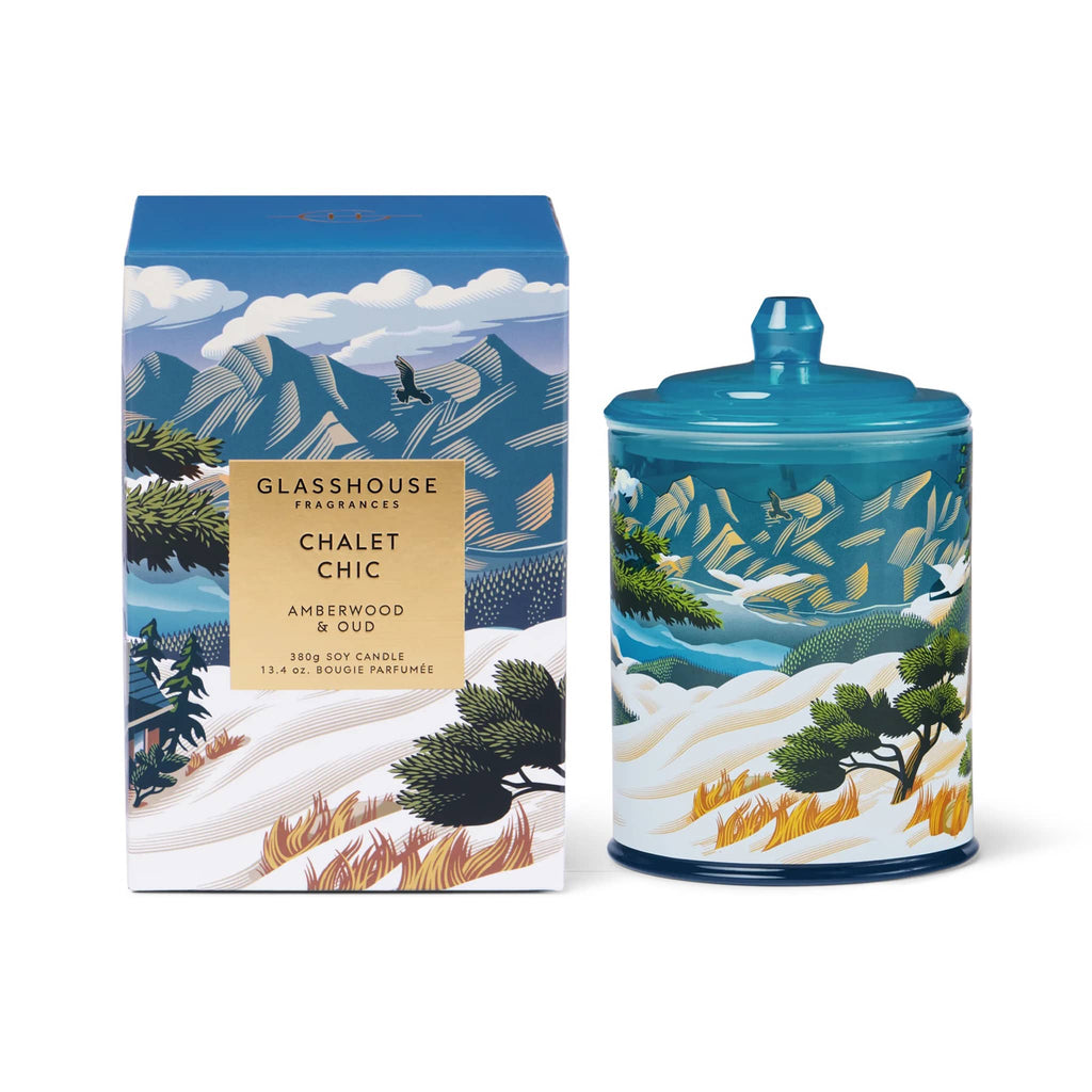Glasshouse Fragrances Chalet Chic candle and packaging with mountain and landscape design.