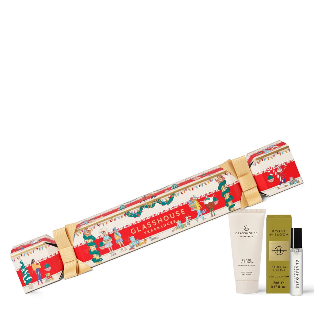 Glasshouse Fragrances Bon Bon Cracker gift set with a decorative box on a white background.