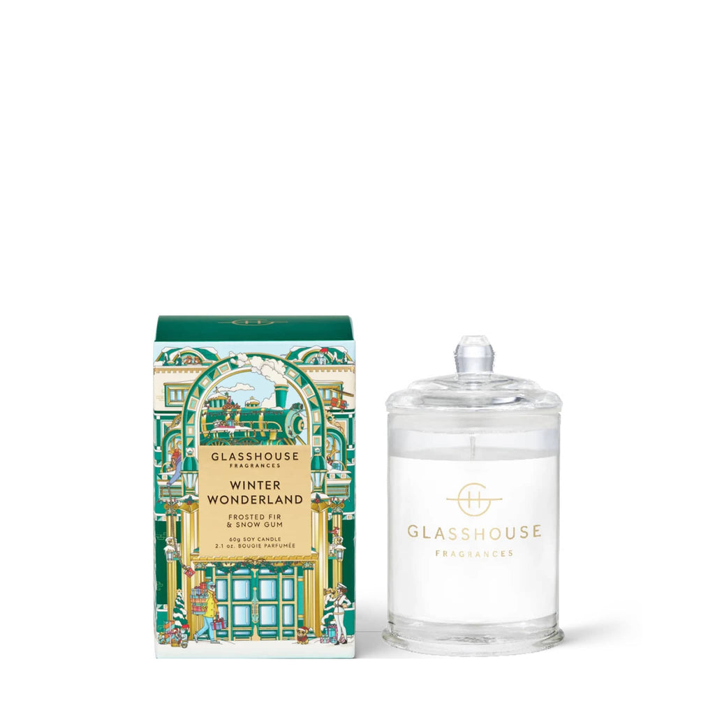 Glasshouse Fragrances candle and packaging on a white background.