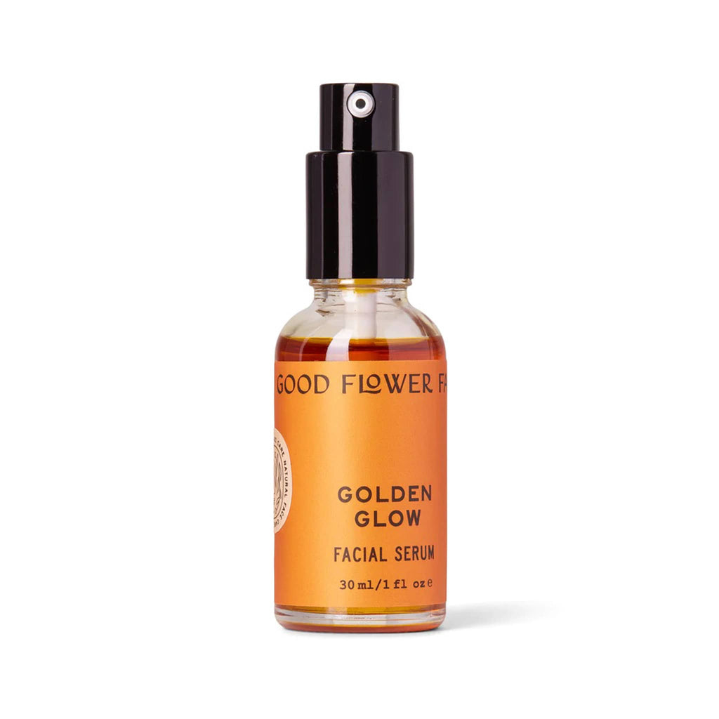 Good Flower Farm Golden Glow Facial Serum in clear glass bottle with orange label.