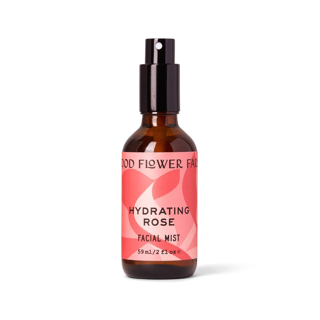 Good Flower Farm Hydrating Rose Facial Mist in amber glass bottle with pink label and fine mist sprayer.