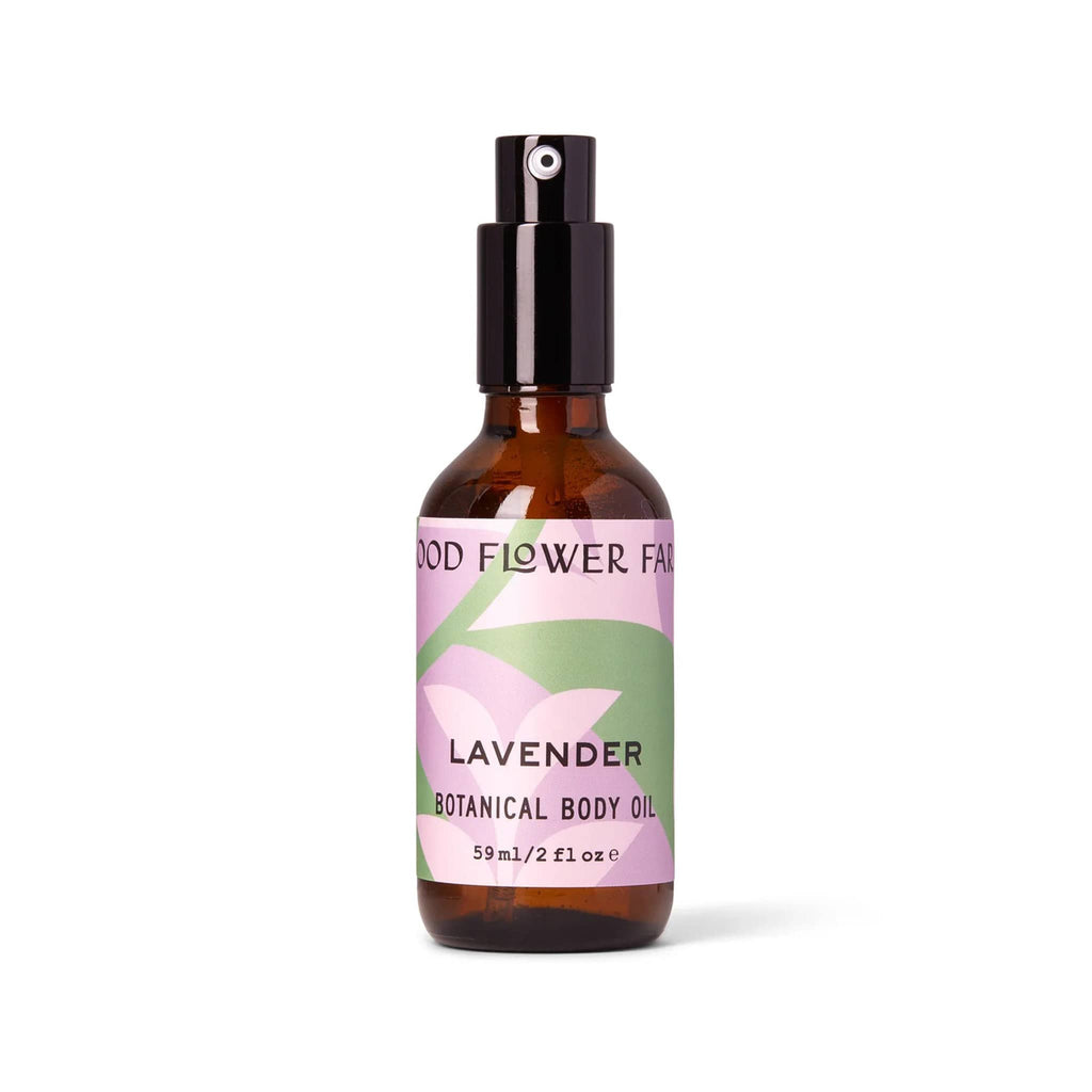 Good Flower Farm Lavender Botanical Body Oil in amber glass bottle with purple label.