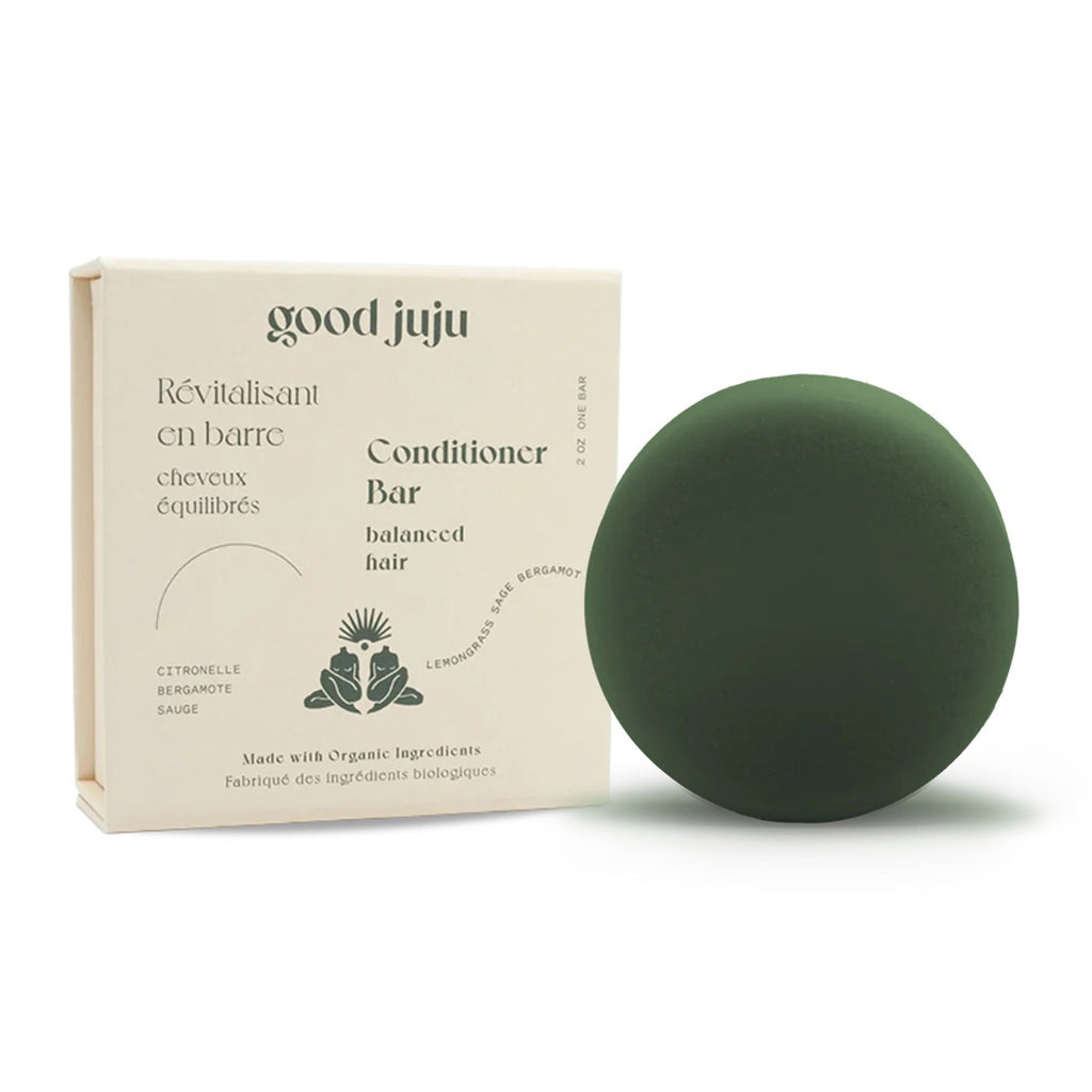 Good Juju Normal/Balanced Hair Organic Solid Conditioner Bar, green round bar with beige box packaging.