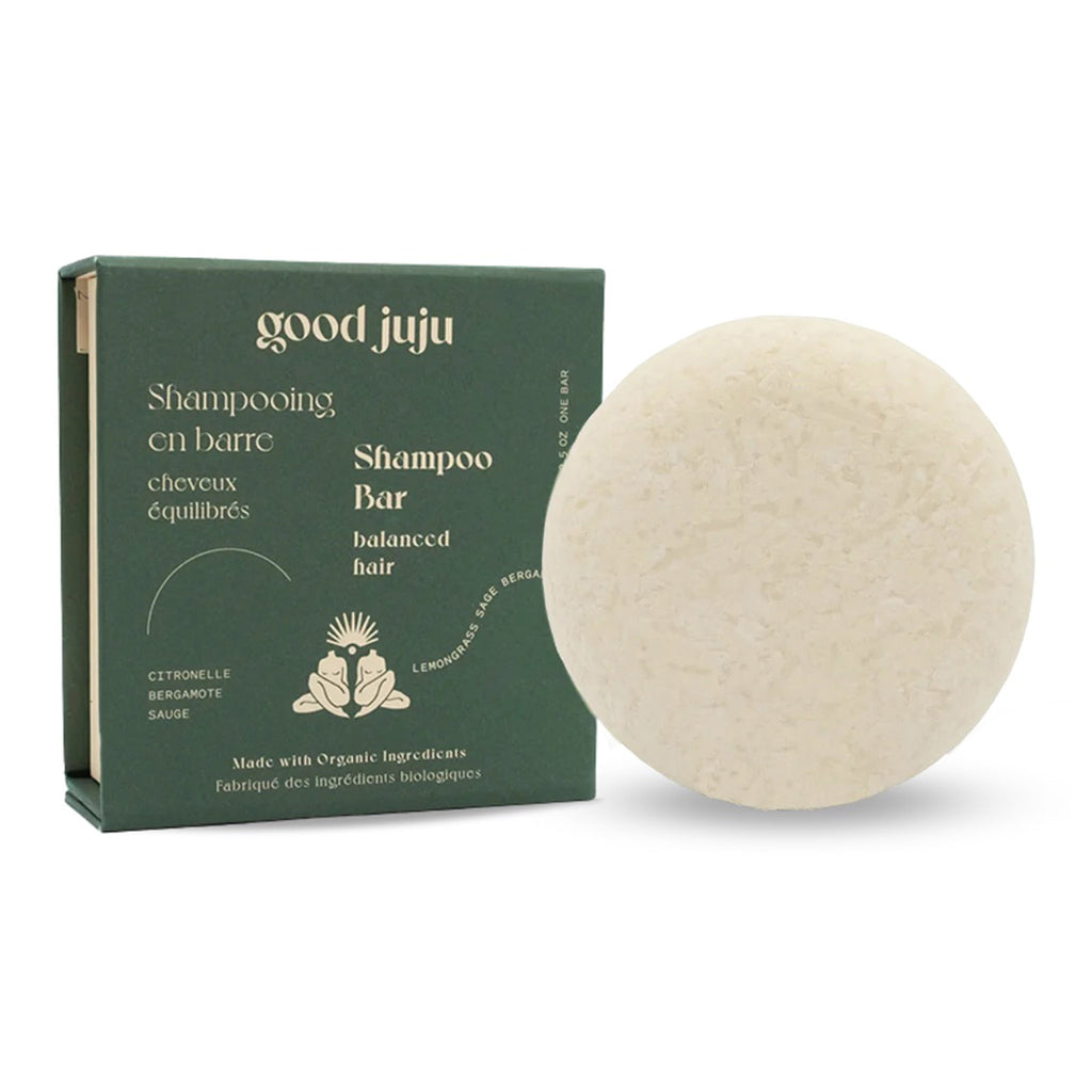 Good Juju Normal or Balanced Hair Organic Solid Shampoo Bar, light green round bar with green box packaging.