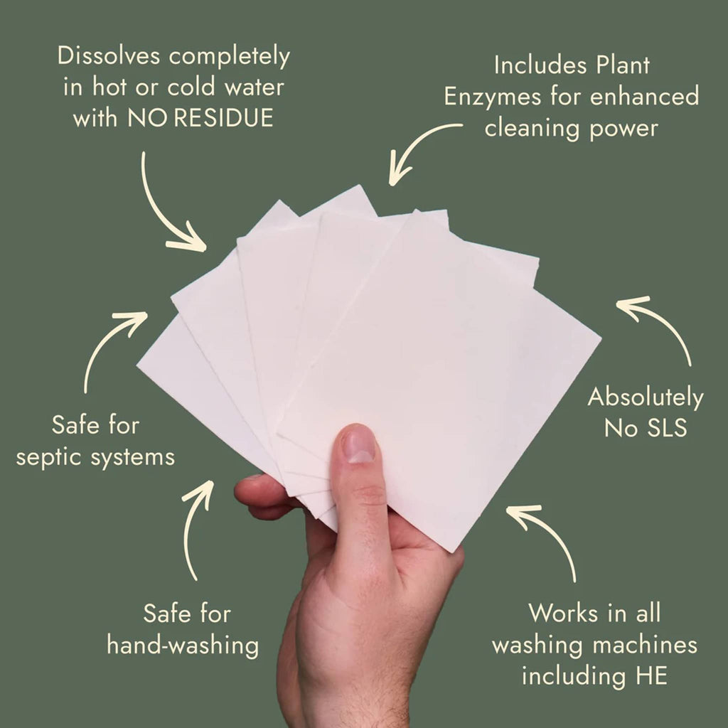 Good Juju Laundry Detergent Sheets, hand holding some with benefits listed all around.