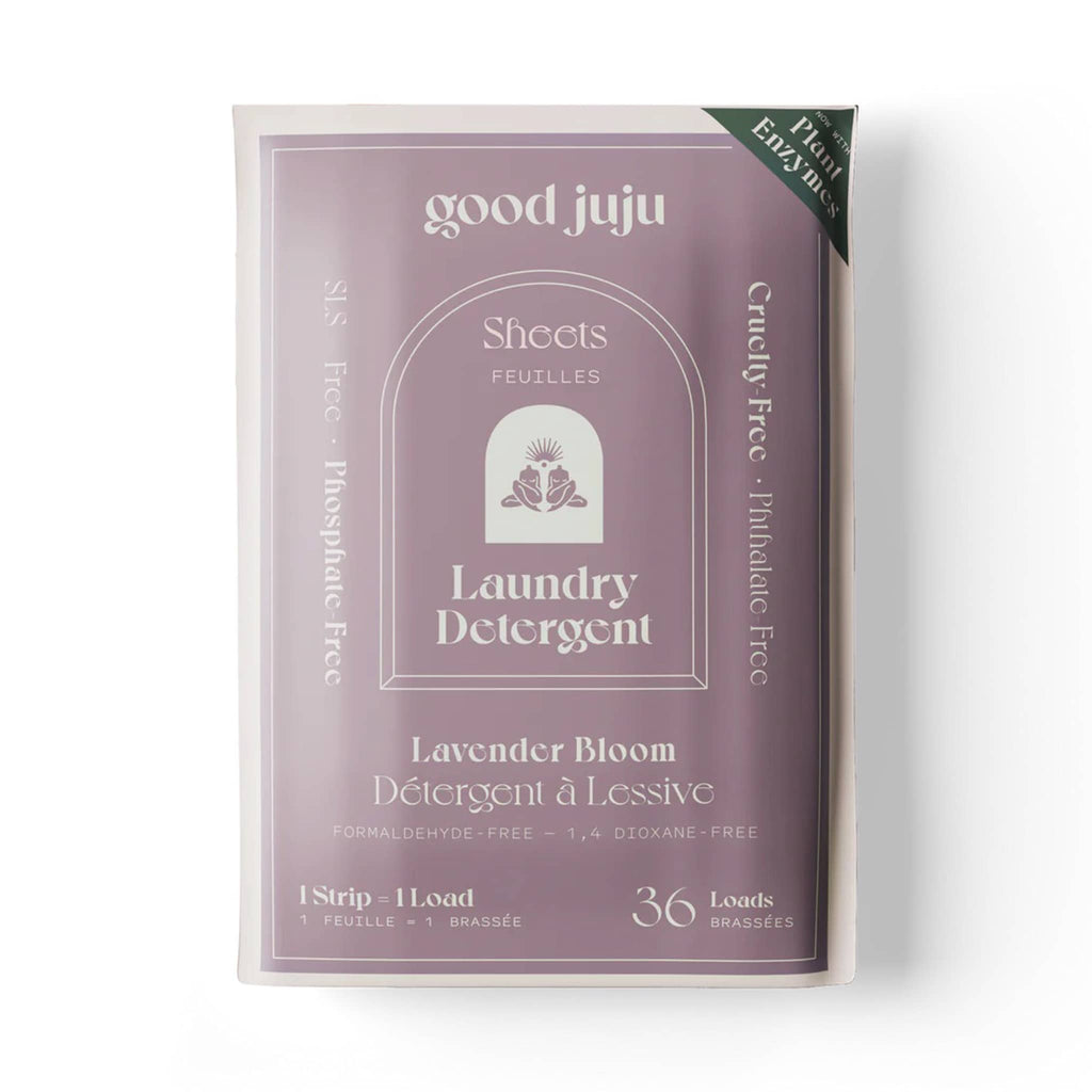 Good Juju Laundry Detergent Sheets in Lavender Bloom scent, in purple pouch packaging, front view.