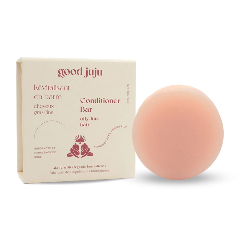 Good Juju Volumizing for Oily or Fine Hair Organic Solid Conditioner Bar, pink round bar with beige box packaging.