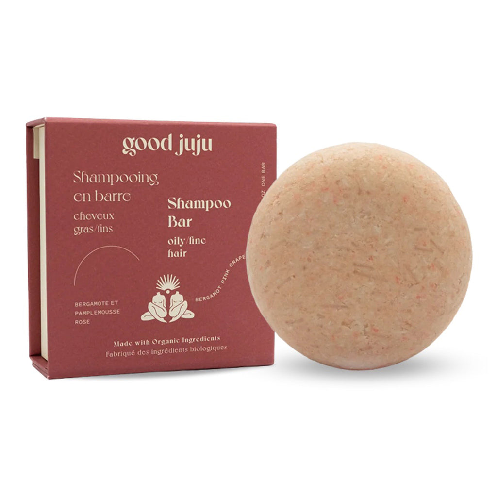 Good Juju Volumizing for Oily or Fine Hair Organic Solid Shampoo Bar, tan round bar with red box packaging.