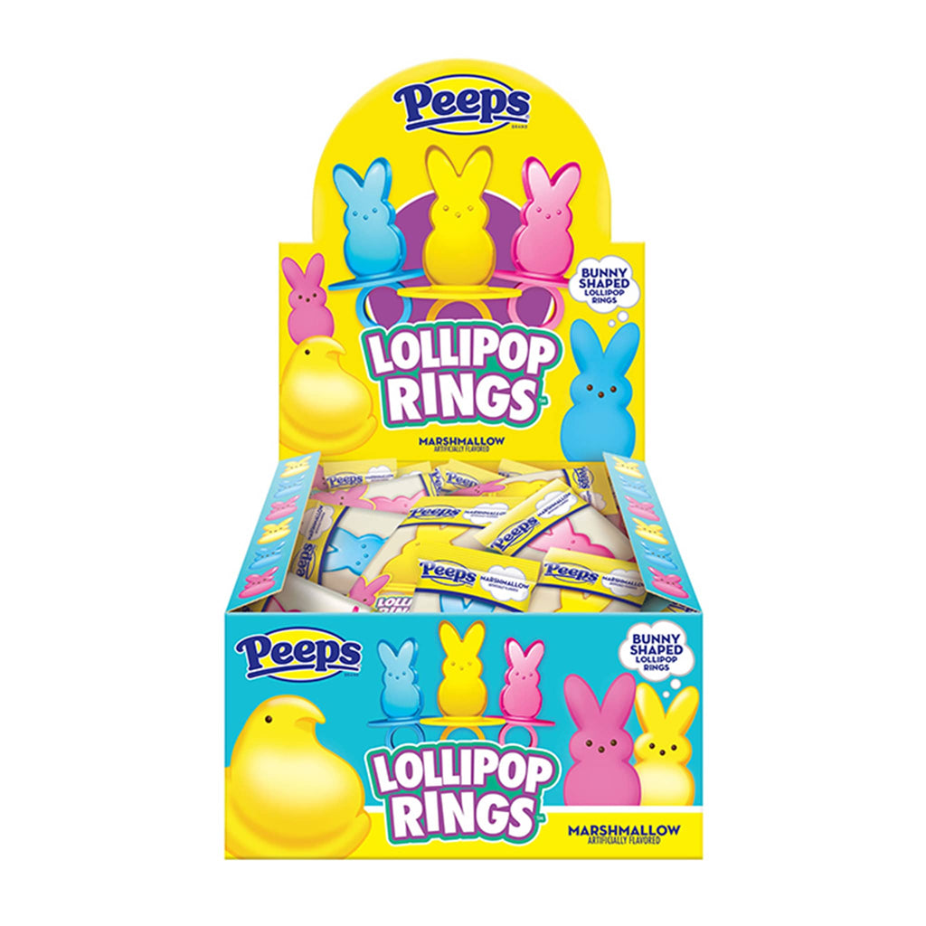 Gotta Get it Gifts Peeps marshmallow flavored lollipop rings in counter display.