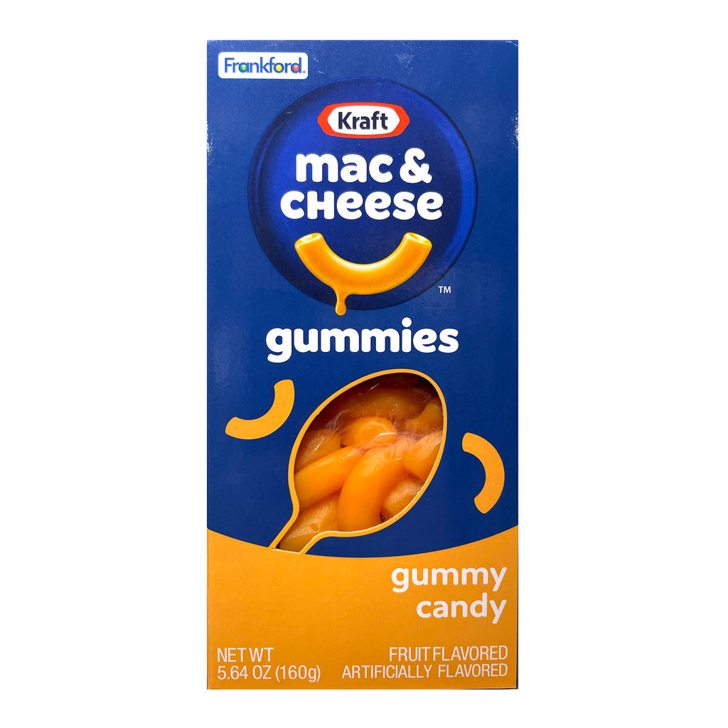 Frankford Kraft Mac & Cheese themed gummies, macaroni shaped, fruit flavored gummy candy in box packaging.