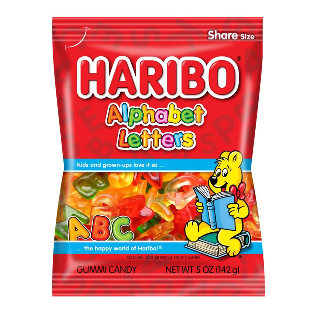 Gotta Get It Gifts Haribo alphabet letters fruit flavored gummi candy in packaging, front view.