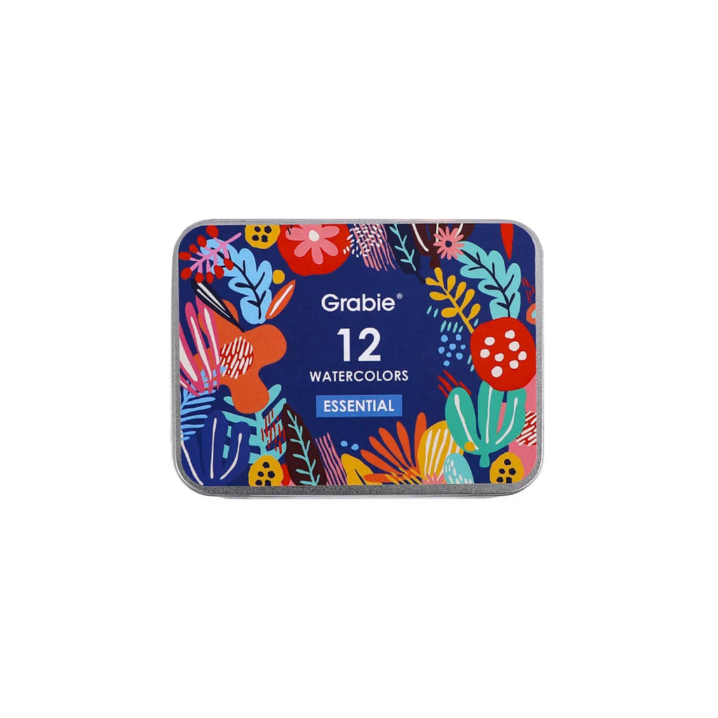 Tin of Grabie watercolor pocket set with 12 essential colors in packaging with colorful design on a white background.