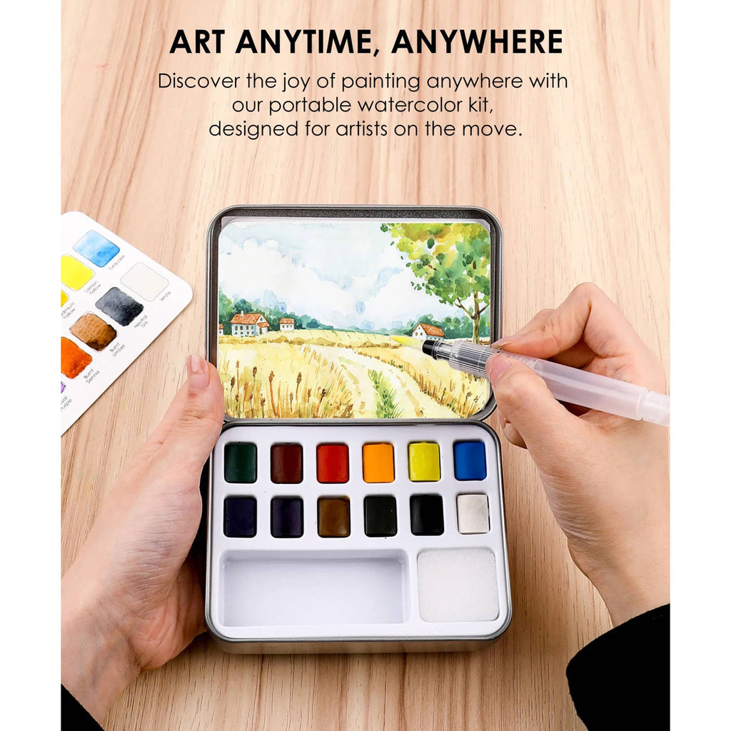 Portable watercolor kit with a person painting on a wooden surface.