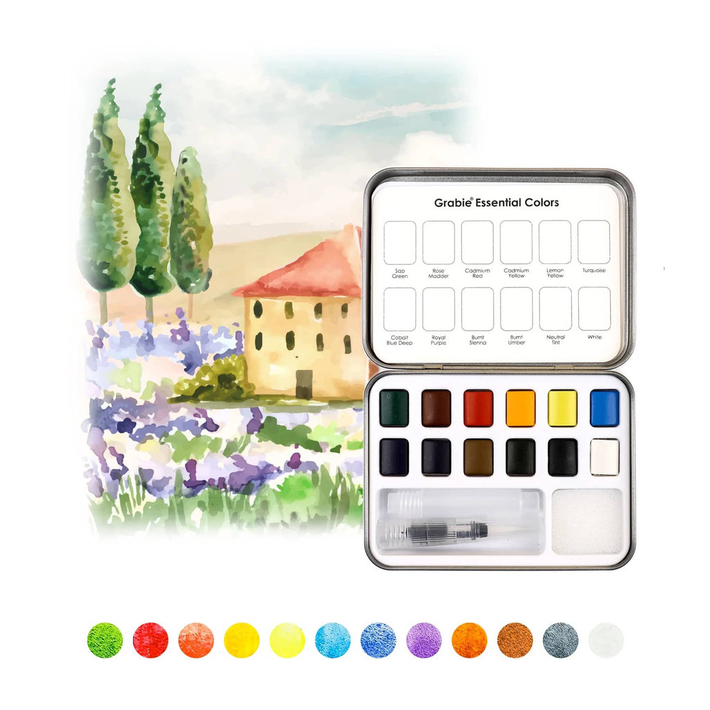 Watercolor paint set with a scenic painting and color swatches on a white background.