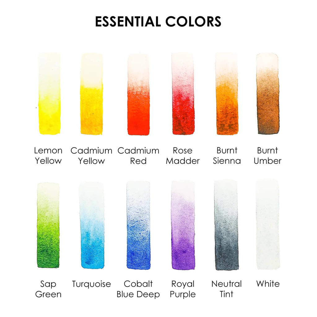 Color swatches labeled with names of essential paint colors on a white background.