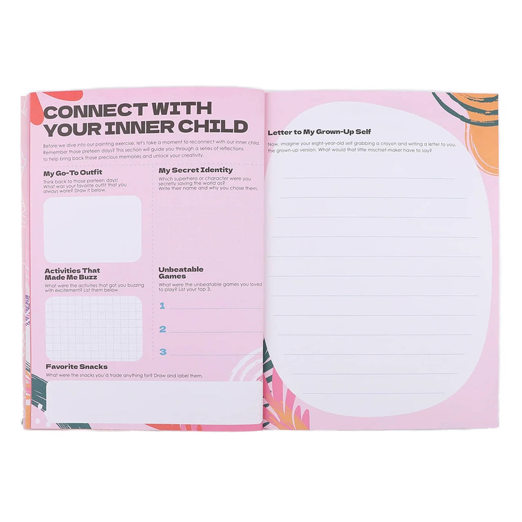 Open book with pink interior pages featuring text and a large blank space on subject of "connect with your inner child" on a white background.