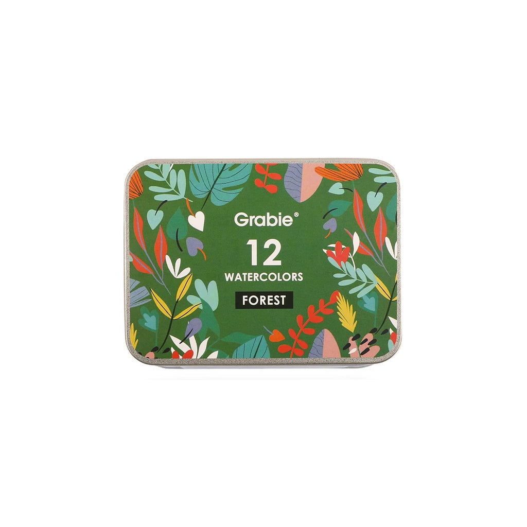 Tin of Grabie watercolors pocket set with 12 forest inspired colors, in tin packaging with forest design on a white background.