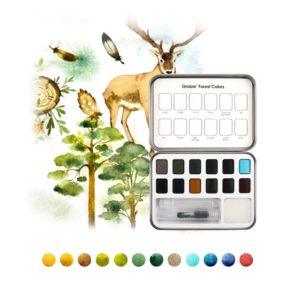 Set of watercolor paint palette and swatches with a deer and forest design on a white background.