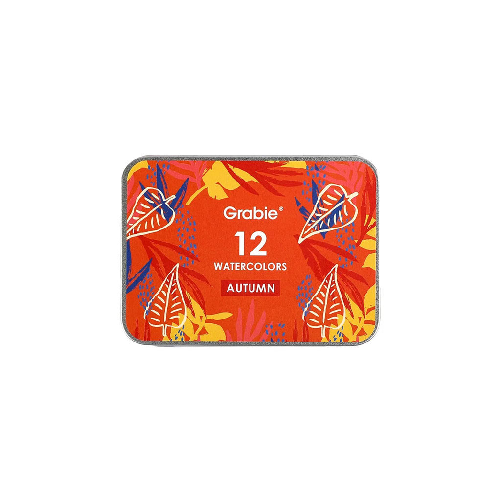 Tin of Grabie watercolors with autumn design on a white background.