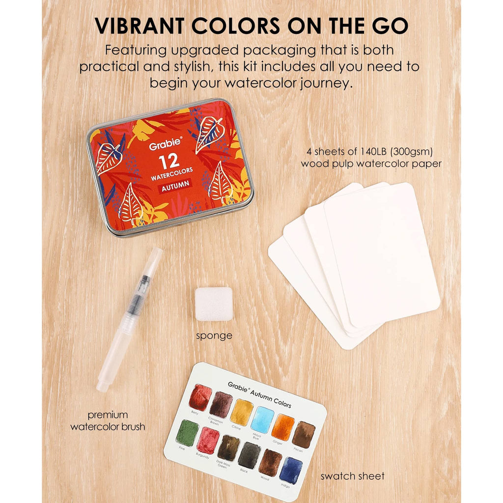 Watercolor kit with packaging, paper, brush, sponge, and swatch sheet on a wooden surface.