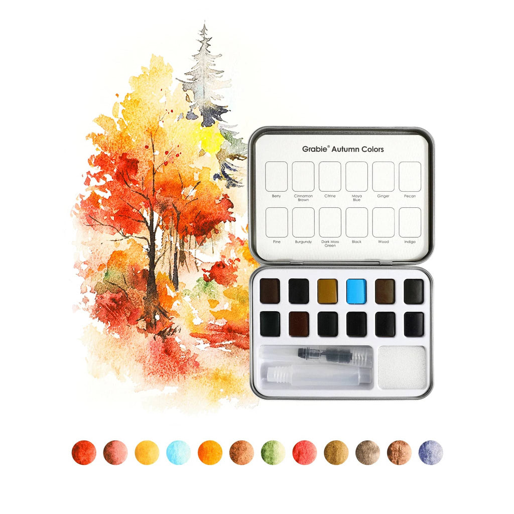 Watercolor paint palette with autumn-themed design and swatches on a white background.