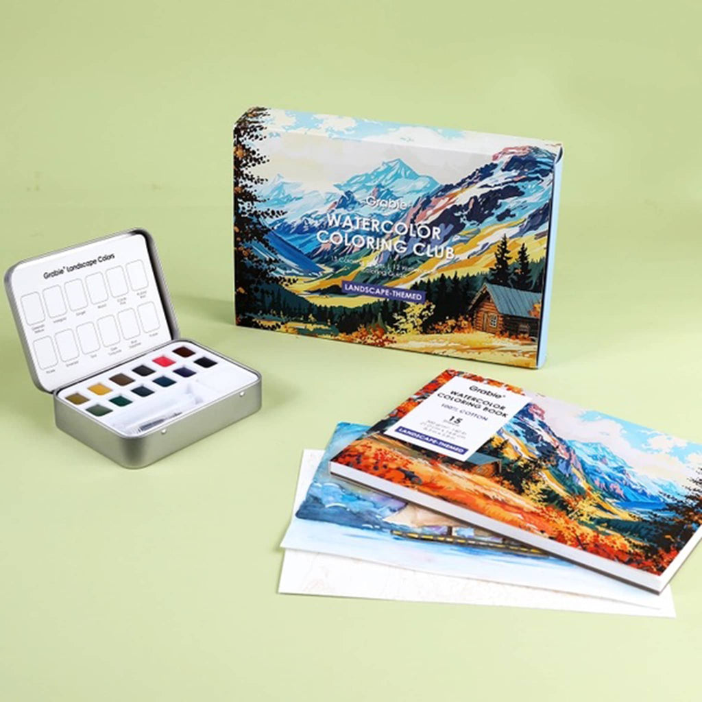 Watercolor Coloring Club set with paint palette and landscape coloring book on a light green background.
