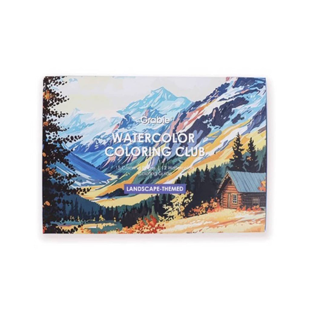 Watercolor Coloring Club packaging with a mountain and cabin design on the cover.