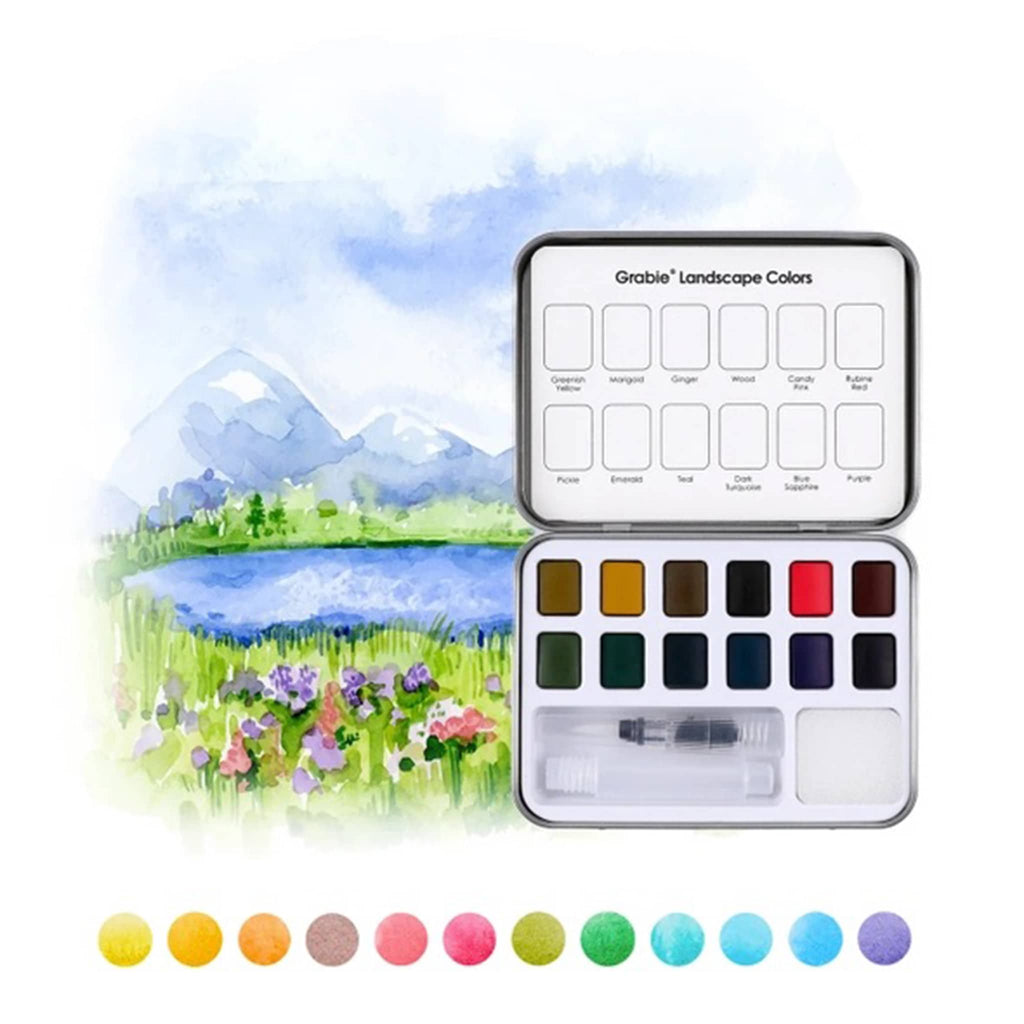 Watercolor paint set with landscape illustration and color swatches on a white background.