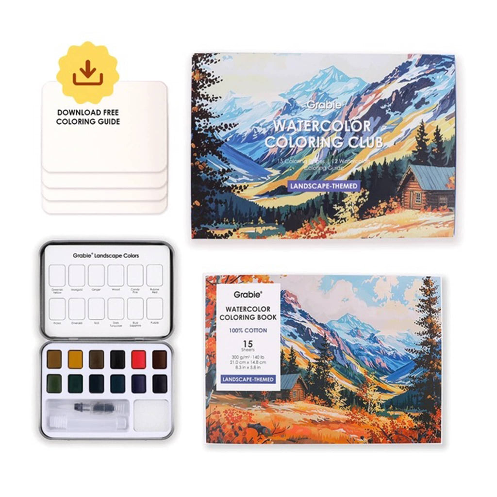 Grabe Watercolor Coloring Club set with coloring book, watercolor palette set, and free coloring guide on a white background.