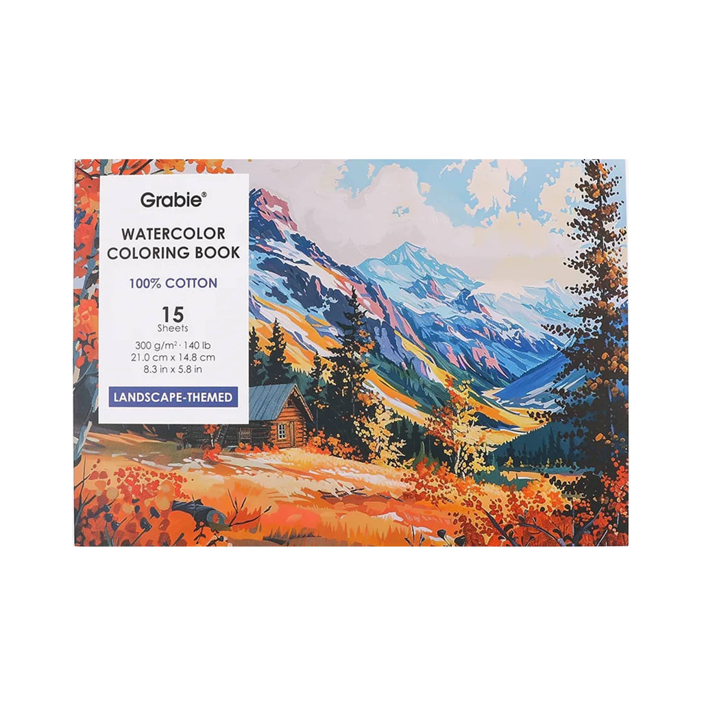 Grabie watercolor coloring book with landscape-themed design on a white background.