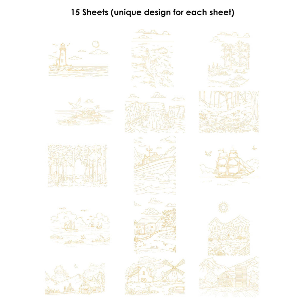 All 15 illustrations included in the landscape-themed watercolor coloring book from Grabie.