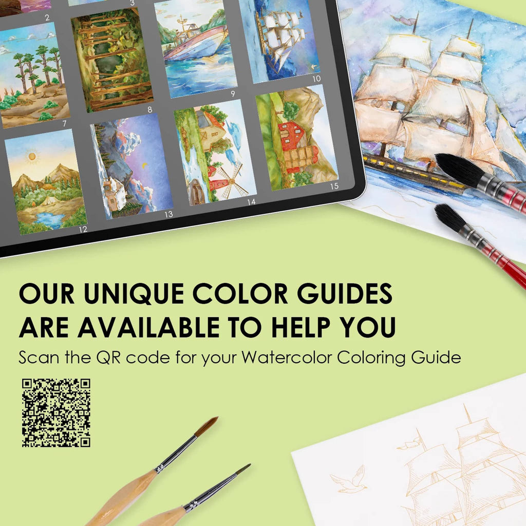 Color guide with watercolor illustrations on a tablet and paper, with brushes and a QR code for a coloring guide.
