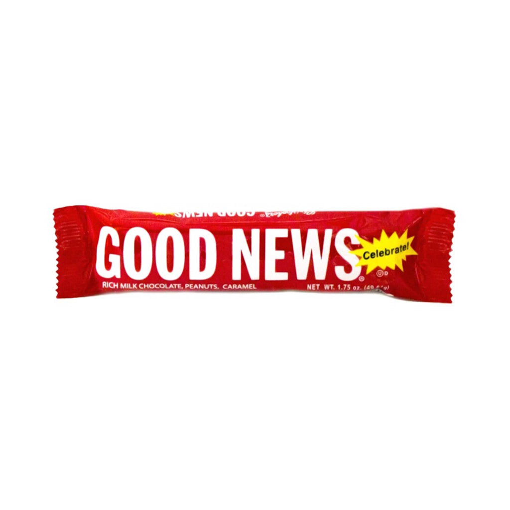 Red candy bar wrapper with 'Good News' branding on a white background.